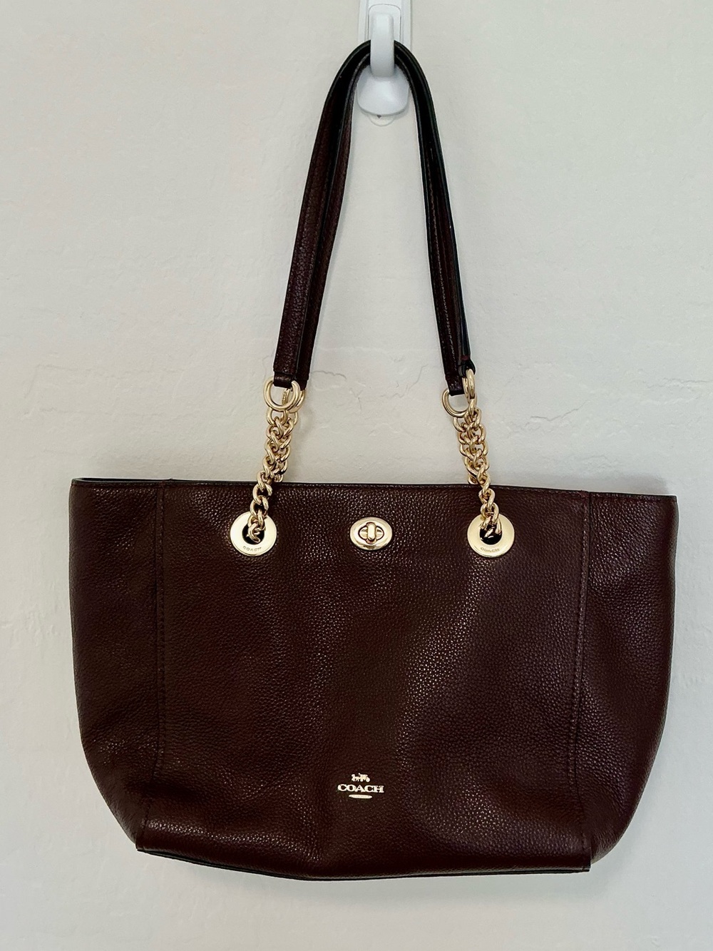 Coach Brown Leather Tote with Gold Chain Handles